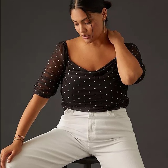 ✨ Anthropologie Shirred Mesh Top Sz L - Picture 5 of 8